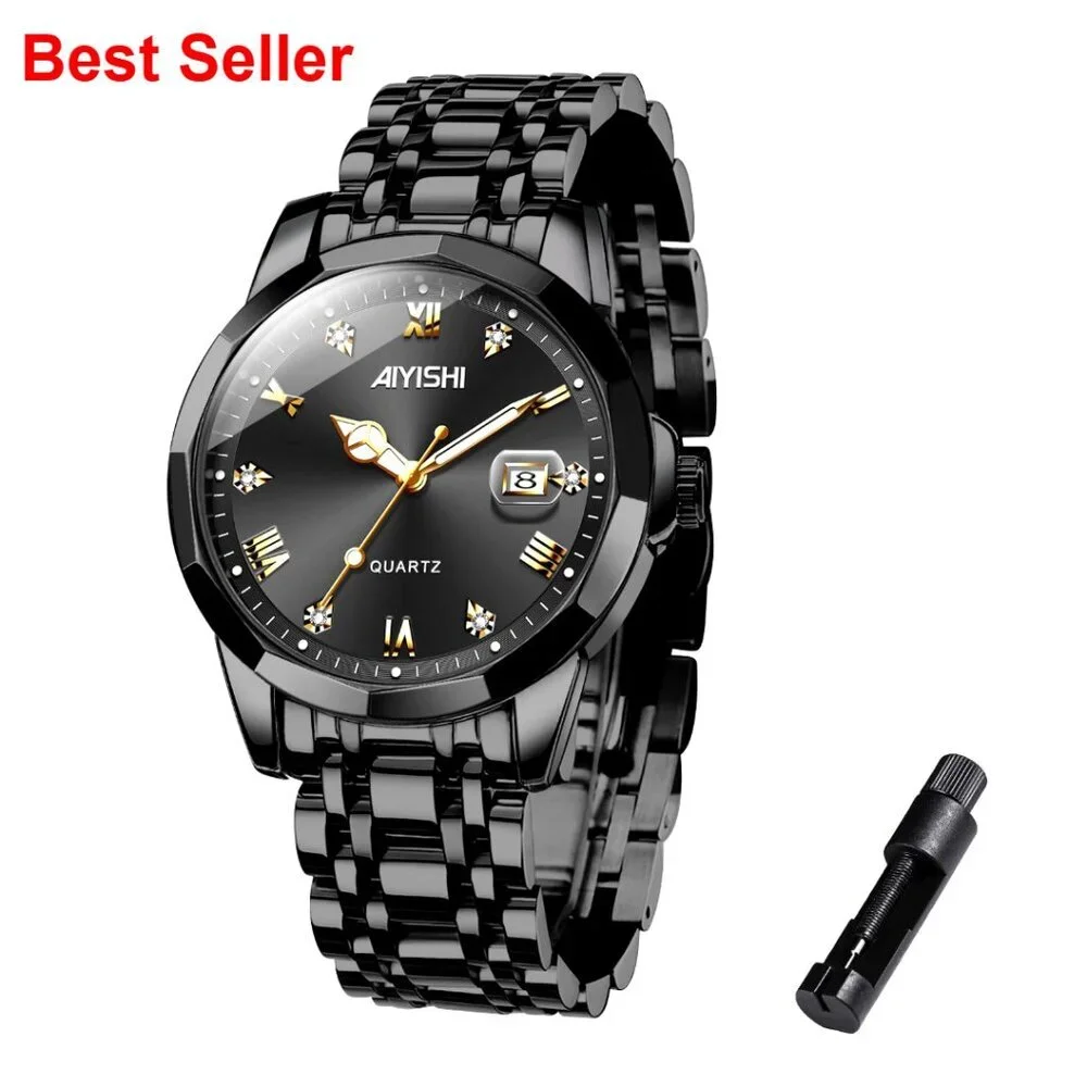 Stainless Steel Dress Watch with Roman Numerals Diamond Dial Waterproof